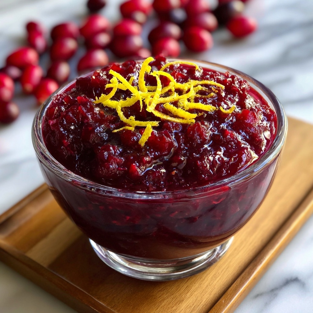 A clear glass bowl filled with a thick, deep red cranberry sauce. The sauce has a chunky texture with visible whole cranberries and small bits throughout. On top, there are thin, bright yellow strips of lemon zest scattered lightly as garnish. The bowl is placed on a white marbled surface with some blurred red cranberries in the background. Photo taken with an iphone --ar 4:5 --v 7