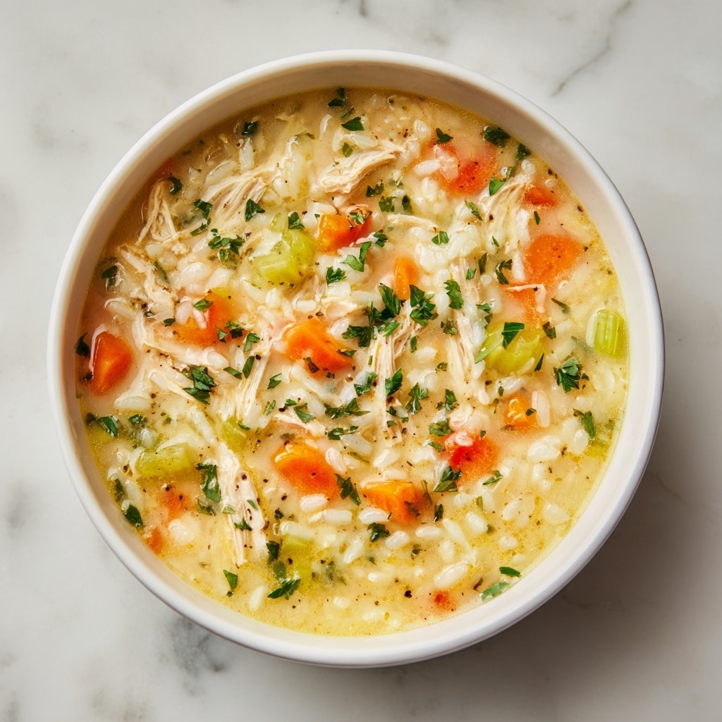 A white bowl filled with a thick chicken and rice soup, showing shredded white chicken pieces mixed with soft, cooked white rice floating in a light yellow broth. Visible slices of bright orange carrot and pale green celery are scattered throughout, with small green herb sprinkles on top adding color contrast. The bowl sits on a white marbled surface, with a blurred background including garlic cloves and a small sprig of herbs. photo taken with an iphone --ar 4:5 --v 7