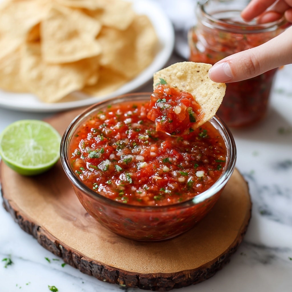 The image shows a clear glass bowl full of chunky red salsa with visible pieces of tomato, onion, and herbs. The bowl sits on a white marbled surface with a wooden slice underneath it. A woman's hand is holding a light beige tortilla chip dipped in the salsa above the bowl. Behind the bowl, there is a white plate with more tortilla chips and a glass jar filled with the same red salsa. A wedge of bright green lime is placed to the side on the white marbled surface. The overall scene is colorful with a fresh and inviting look. photo taken with an iphone --ar 4:5 --v 7
