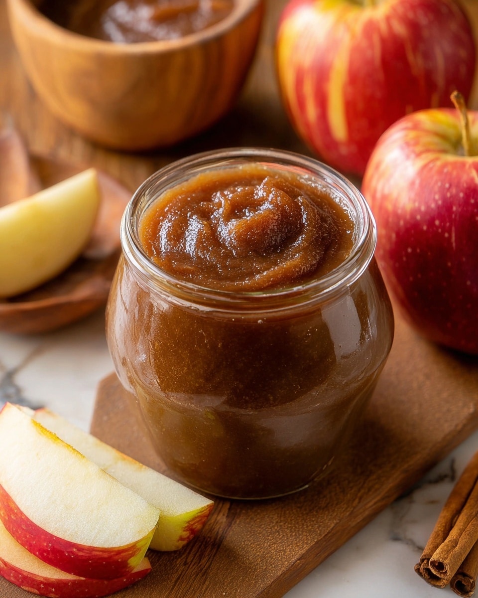 A close-up image shows a small clear glass jar filled with thick, dark brown apple butter with a glossy texture and small visible spices. A woman's hand is holding a wooden-handled spreading knife with apple butter on its blade, partially dipped into the jar. Around the jar are fresh apple slices with red peel and creamy white inside, whole apples with red and yellow tones, and cinnamon sticks placed on a wooden surface. In the background, a small wooden bowl filled with more apple butter is slightly out of focus. The whole scene is set on a white marbled texture. photo taken with an iphone --ar 4:5 --v 7