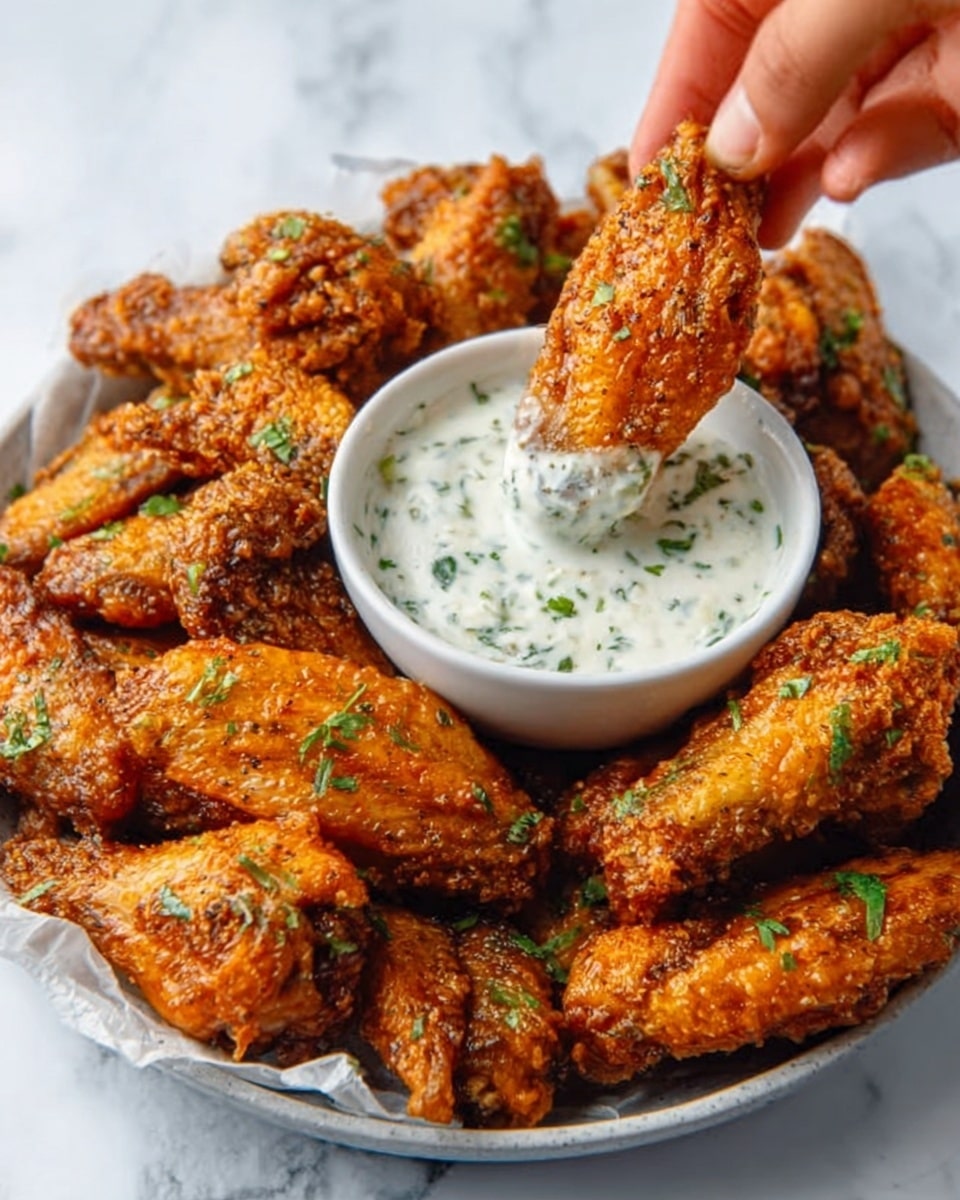 The image shows a white plate filled with crispy, golden-brown chicken wings. The wings have a crunchy texture with small green herb pieces sprinkled on top. To the side of the plate, there is a small white bowl filled with creamy white dipping sauce with green herbs mixed in. A woman's hand is dipping one chicken wing into the sauce, lifting it above the bowl. The background is a white marbled texture. Photo taken with an iphone --ar 4:5 --v 7
