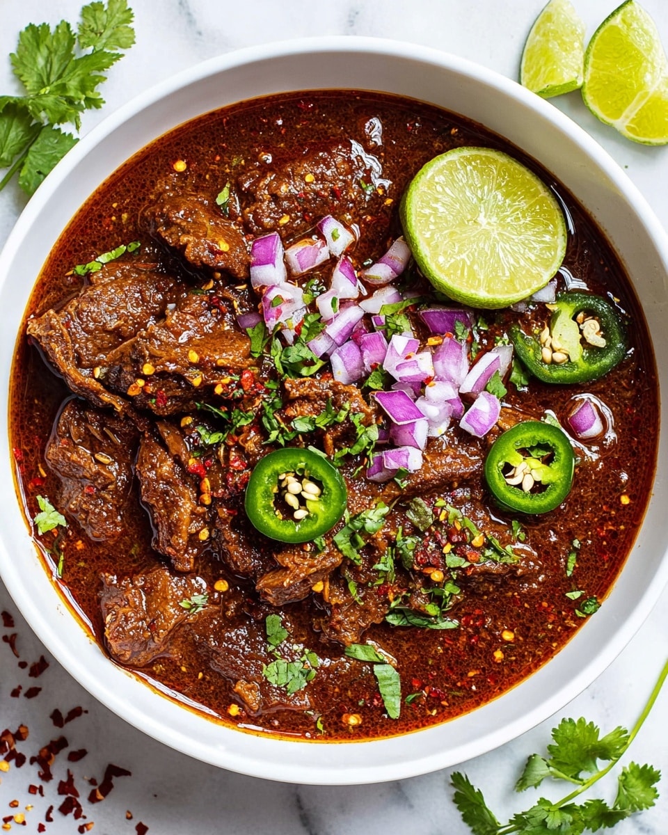 Three grilled corn tortillas with slightly charred edges lie folded on a wooden board, each filled with dark brown shredded meat. Inside the tortillas, there are small pieces of green jalapeño slices and purple diced onions, along with chopped green cilantro scattered on top and around the tacos. A white bowl with dark reddish-brown sauce sits on the top left corner of the board. Lime wedges and extra cilantro leaves are scattered around the board. A woman's hand is gently holding the top right taco. The background is a white marbled texture. photo taken with an iphone --ar 4:5 --v 7