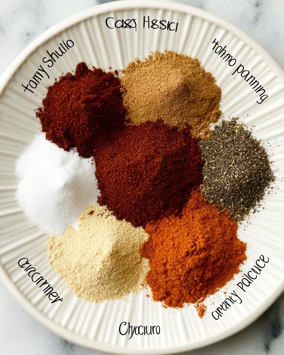 A white plate with ridges contains seven separate piles of different powdered spices arranged in a circular pattern. At the top center, there is a large mound of dark reddish-brown chili powder. To its right, there is a slightly smaller pile of light brown cumin. Below cumin, a small heap of black pepper is visible. Directly below the chili powder, a beige mound of garlic powder sits. To the left of the garlic powder, there is a white pile of onion powder, and above that a bright reddish-orange heap of paprika. A small amount of cayenne pepper, in a medium orange color, is placed in the middle of the circle partially overlapping the chili powder and onion powder. This is all set against a white marbled surface. Photo taken with an iphone --ar 4:5 --v 7
