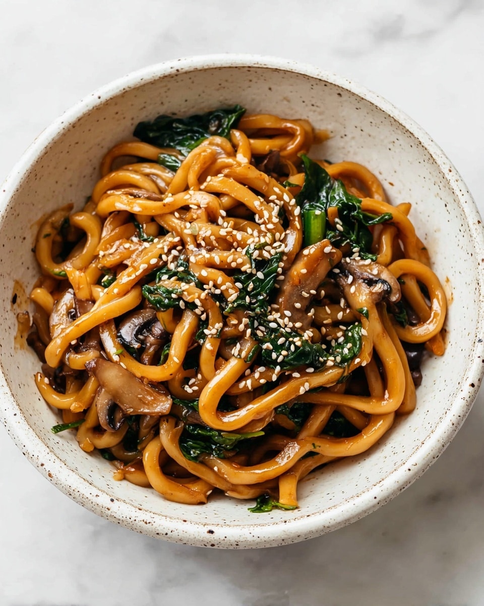 A bowl filled with thick, glossy light brown udon noodles mixed with dark green leafy vegetables and sliced brown mushrooms. The noodles are coated evenly with sauce, giving them a shiny texture, and the dish is sprinkled with both white and black sesame seeds on top. The bowl is white with small black speckles, placed on a white marbled surface. Photo taken with an iphone --ar 4:5 --v 7