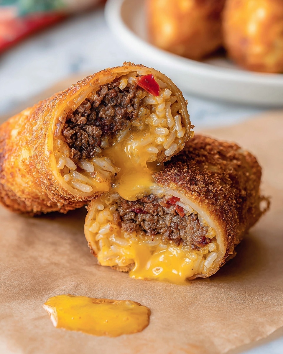 The image shows a close-up of a stuffed food roll cut in half, resting on a light brown paper. The roll has a golden-brown crispy outer layer. Inside, there are three visible layers: the first layer is a dark brown textured ground meat filling, the second layer is light yellow rice mixed with some small bits of red pepper, and the inner core consists of melted bright yellow cheese oozing out. One half of the roll is fully visible in the center, while the other half is positioned behind it on the left side, showing more of the rice and cheese. In the blurred background, part of a white plate holds another piece of a similar roll, placed on a white marbled surface. There is a small splash of melted cheese near the bottom left corner on the paper. photo taken with an iphone --ar 4:5 --v 7