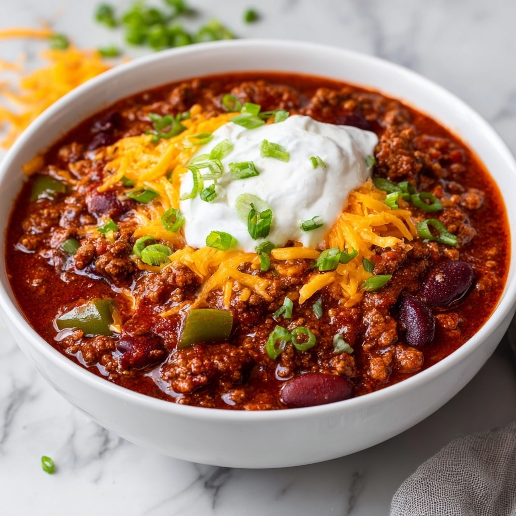 The image shows two white bowls filled with a thick chili soup containing visible layers of dark red kidney beans, ground meat, diced tomatoes, and green bell peppers in a rich reddish-brown broth. Each bowl is topped with a dollop of white sour cream, a sprinkle of bright yellow shredded cheddar cheese, and small pieces of green chopped spring onions, adding color contrast. A silver spoon rests inside the front bowl. Nearby, there is a small white bowl filled with more chopped green onions, all set against a white marbled surface. Photo taken with an iphone --ar 4:5 --v 7