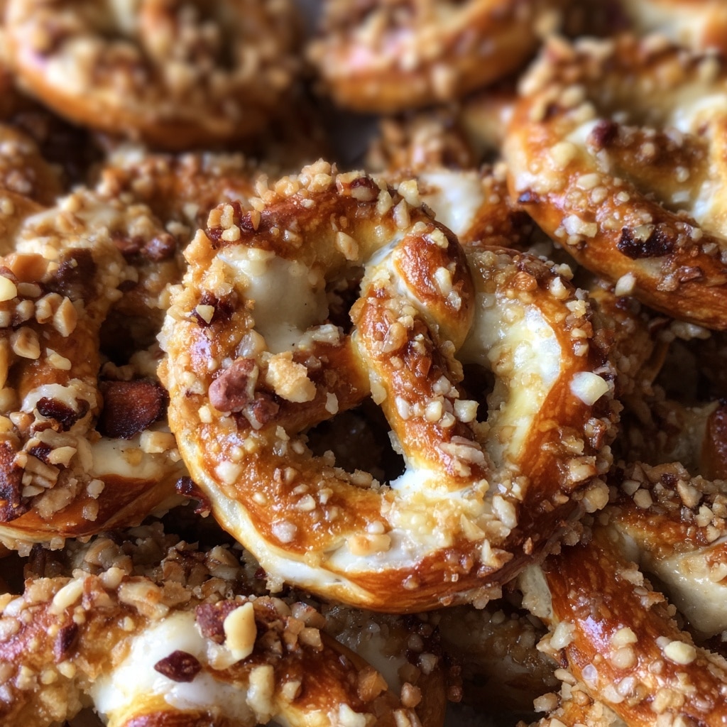 The image shows a close-up view of many small pretzels covered with coarse, light tan crumb pieces scattered all over. The pretzels are golden-brown with a shiny, slightly textured surface, showing their classic knot shape with three open sections. The crumb pieces add a rough texture and a pale contrast to the smooth pretzels. The background features a white marbled texture, keeping focus on the pretzels. photo taken with an iphone --ar 4:5 --v 7