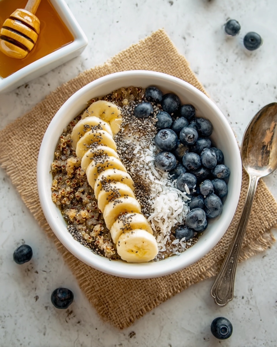 A white bowl sits on a piece of burlap on a white marbled surface, filled mostly with cooked buckwheat that has a light brown, grainy texture. On top, there are three layers of toppings: sliced banana pieces with a pale yellow color and sprinkled with tiny black chia seeds on the left, a cluster of fresh, round blueberries with a deep blue color on the right, and shredded white coconut spread in the middle. To the right of the bowl is a vintage silver spoon, and scattered blueberries are visible on the white marbled surface around it. In the top left corner, part of a white square dish filled with honey and a honey dipper is visible. photo taken with an iphone --ar 4:5 --v 7