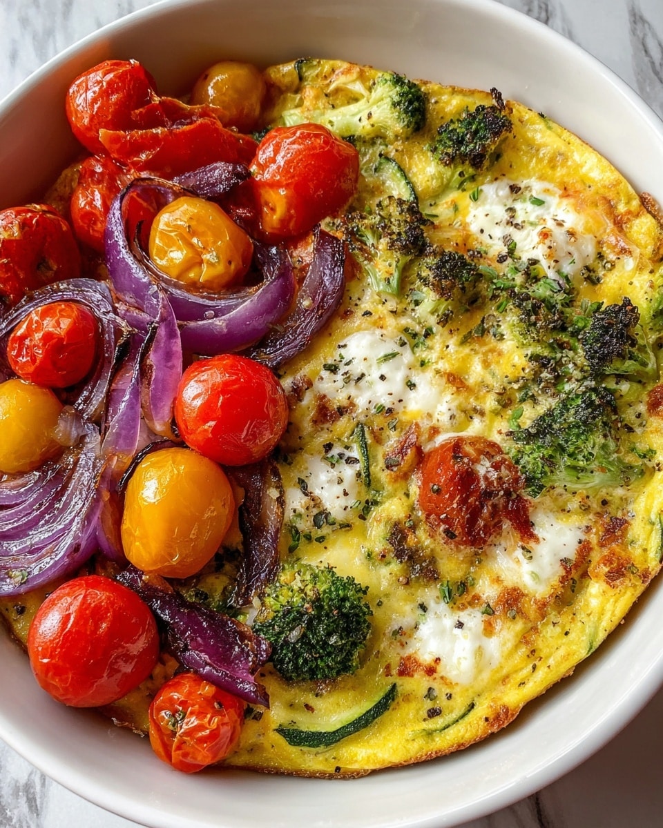 The image shows a white bowl filled with a colorful vegetable frittata and a side of roasted cherry tomatoes and red onion slices. The frittata has a golden-yellow base with visible green broccoli florets, zucchini slices, and white dollops of slightly browned cheese scattered throughout. On the left side of the bowl, there are bright red and yellow cherry tomatoes, some whole and some cut in half, mixed with glossy, curved slices of roasted purple-red onion. The vegetables and cheese have a light sprinkling of herbs and black pepper, creating a fresh and appetizing look. The dish rests on a white marbled surface. photo taken with an iphone --ar 4:5 --v 7