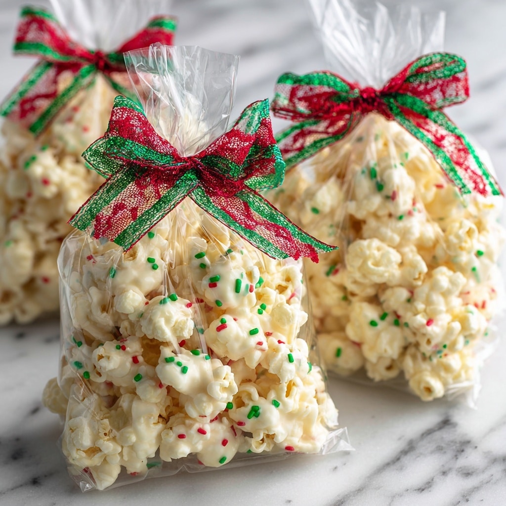 Clear plastic bags filled with white chocolate-covered popcorn, each piece coated with a smooth, creamy white layer and sprinkled with tiny green and red sugar sprinkles. The bags are tied at the top with festive green and red sheer ribbons, forming neat bows. The popcorn clusters are light, puffy, and slightly irregular in shape, packed tightly inside the bags. The background has a white marbled texture. photo taken with an iphone --ar 4:5 --v 7