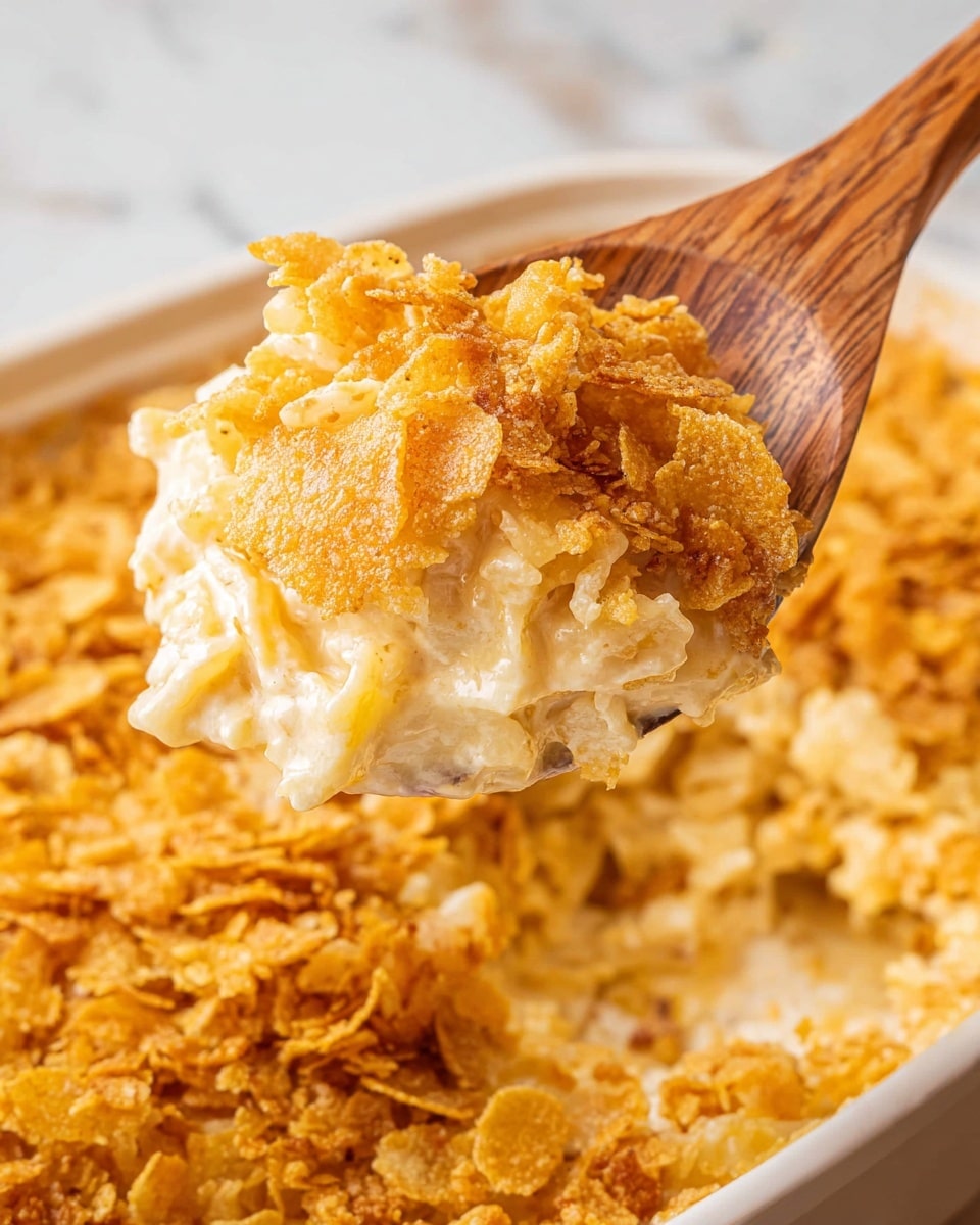 The image shows a close-up of a wooden spoon lifting a serving of a baked dish with two visible layers. The bottom layer is creamy and light beige, made of soft pasta or noodles mixed with a smooth sauce. The top layer is golden brown with crispy cornflake-like crumbs that add texture and crunch. The background is a white marbled texture, and the dish is in a white container. The wooden spoon has a natural wood grain pattern, and the colors in the dish contrast with the neutral background. photo taken with an iphone --ar 4:5 --v 7