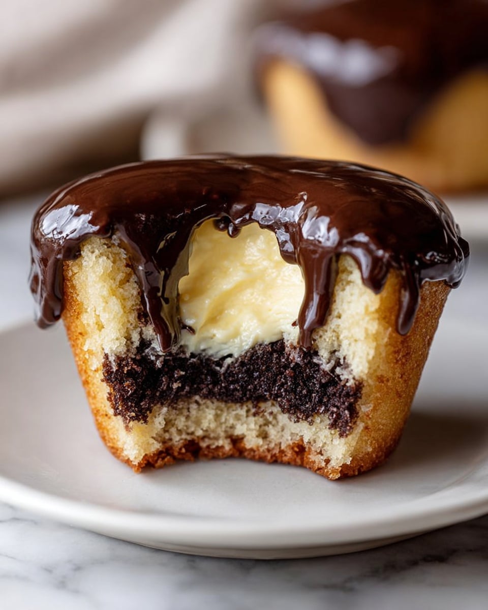 A close-up image of a cupcake cut in half, showing three layers: the bottom layer is a dark, moist chocolate cake with a slightly crumbly texture, the middle layer is a thick, creamy pale yellow filling that looks smooth and soft, and the top layer is a glossy, rich dark chocolate ganache that drips slightly down the sides. The cupcake is on a white plate with a few crumbs around it, sitting on a white marbled surface. In the background, blurred, there are more similar cupcakes. photo taken with an iphone --ar 4:5 --v 7
