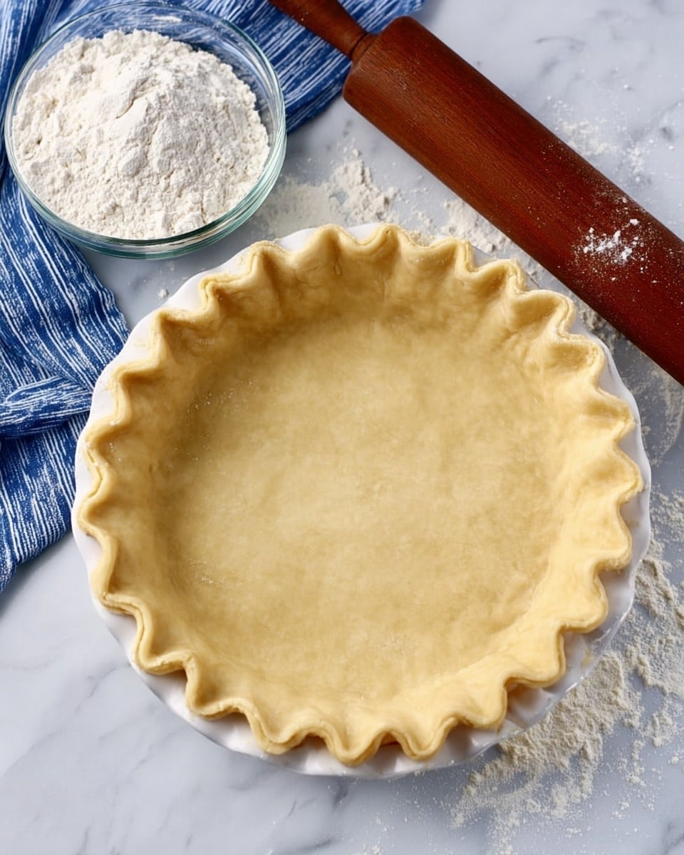 A close-up image of an unbaked pie crust in a white pie dish, showing crimped edges with a scalloped pattern around the top. The crust looks smooth and pale golden, filling the dish evenly. To the right, there is a small clear glass bowl with flour and a wooden rolling pin with some flour dust on it. A blue and white striped kitchen towel is placed above the pie dish on a white marbled surface. photo taken with an iphone --ar 4:5 --v 7