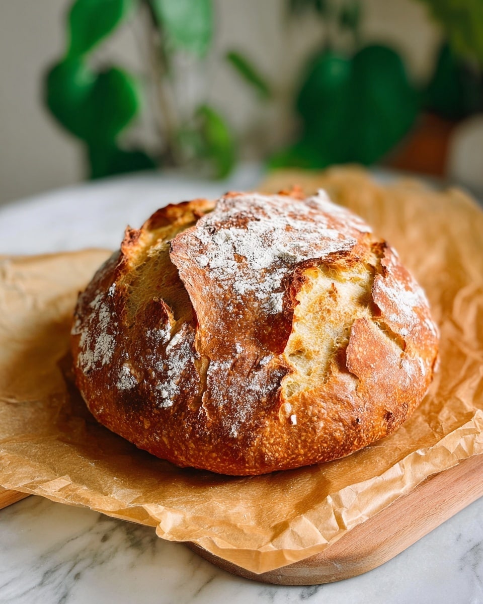 A round, crusty loaf of bread sits on crinkled light brown parchment paper over a wooden board. The bread has a golden-brown cracked crust with some white flour dusted on top. Its rough cracked surface shows a mix of darker toasted areas and lighter golden patches. In the background, there is a white marbled surface and a green leafy plant in a pale yellow pot. Photo taken with an iphone --ar 4:5 --v 7
