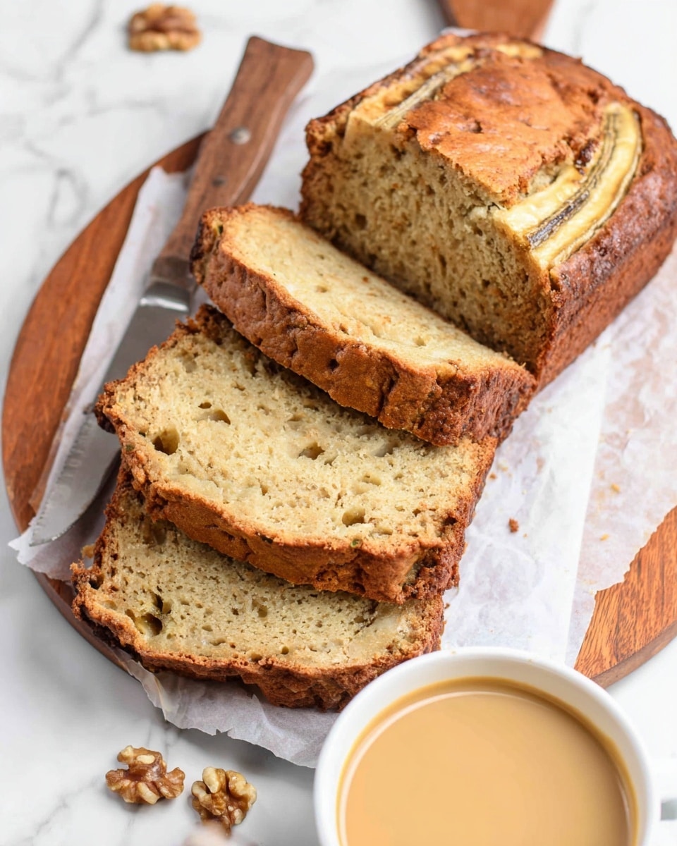 A rectangular banana bread loaf with a golden brown crust sits on white parchment paper on a wooden board, topped with two elongated browned banana slices baked into the top crust, which has a slightly cracked texture showing the soft interior. To the top right, there is a whole ripe banana with spots of darker brown. On the top left corner of the board, there is a white cup filled with a light brown coffee or tea. Scattered walnuts and pecans are placed around the loaf, and to the right of the bread, there is a butter knife with a wooden handle. The scene is set on a white marbled surface. photo taken with an iphone --ar 4:5 --v 7