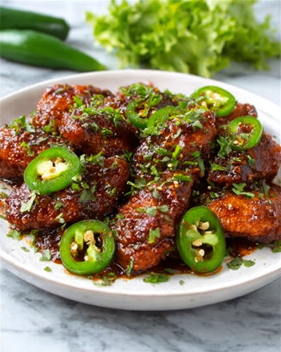 The image shows a white round plate filled with several pieces of crispy, glazed chicken wings coated in a dark reddish-brown sauce. On top of and around the chicken wings are thinly sliced green jalapeño peppers, some with seeds visible, adding a fresh contrast in color. The chicken wings have a slightly shiny texture from the sauce, and tiny green herb flakes are scattered over the dish. The plate sits on a white marbled surface, with some blurred green peppers and lettuce in the background. Photo taken with an iphone --ar 4:5 --v 7