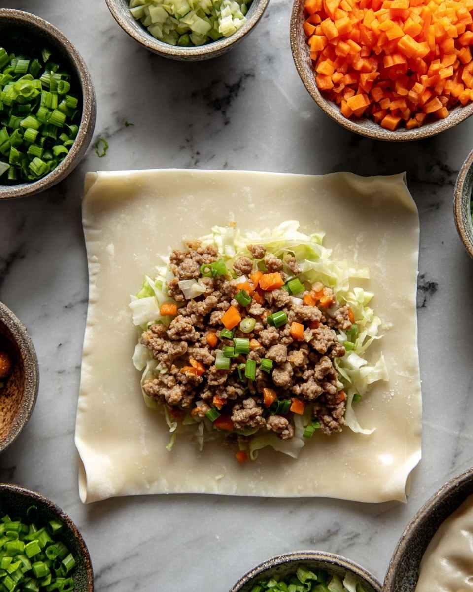 A single square dumpling wrapper is laid flat on a white marbled surface, with a layer of mixed filling placed in the center. The filling consists of small, cooked minced meat pieces, combined with finely chopped green onions, orange carrot cubes, and shredded pale green cabbage. Surrounding the wrapper are bowls and piles of additional chopped vegetables in muted brown and grey bowls. The dumpling wrapper has a slightly translucent, smooth and soft texture with small bubbles. photo taken with an iphone --ar 4:5 --v 7