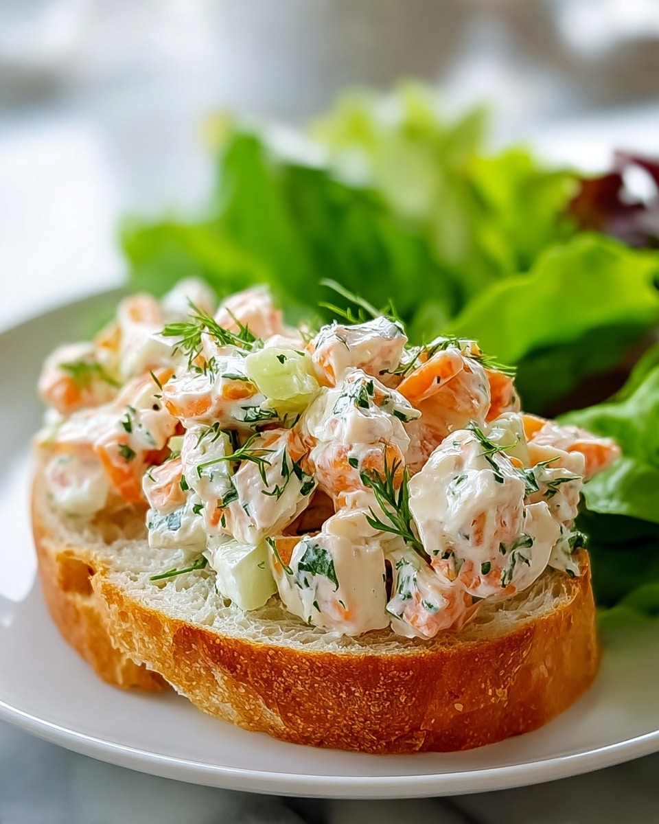 A white plate holds a single crispy golden-brown potato cup filled with a creamy white salad mixed with small chunks of bright orange crab meat and green herbs sprinkled throughout. The salad is piled high, with the creamy texture visibly coating the crab pieces and herbs, and a small sprig of fresh green parsley stands upright on top. The plate sits on a white marbled surface with blurred yellow lemon halves and glassware in the soft background. photo taken with an iphone --ar 4:5 --v 7