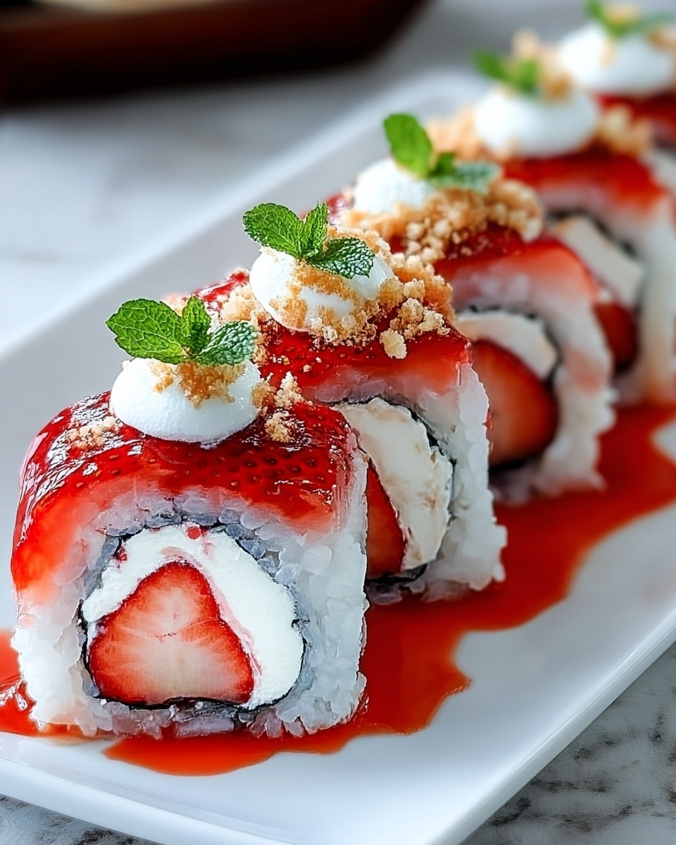 A close-up view of a sushi roll arranged neatly in a row on a white plate set on a white marbled surface. Each piece has an outer layer of white sushi rice followed by a thin black seaweed layer, inside which is cream and a fresh red strawberry center. The top is coated with a light pink layer, drizzled with bright red strawberry sauce, and sprinkled with golden crumbly bits. The sauce glistens and spills slightly onto the plate, adding vibrant color contrast. Photo taken with an iphone --ar 4:5 --v 7