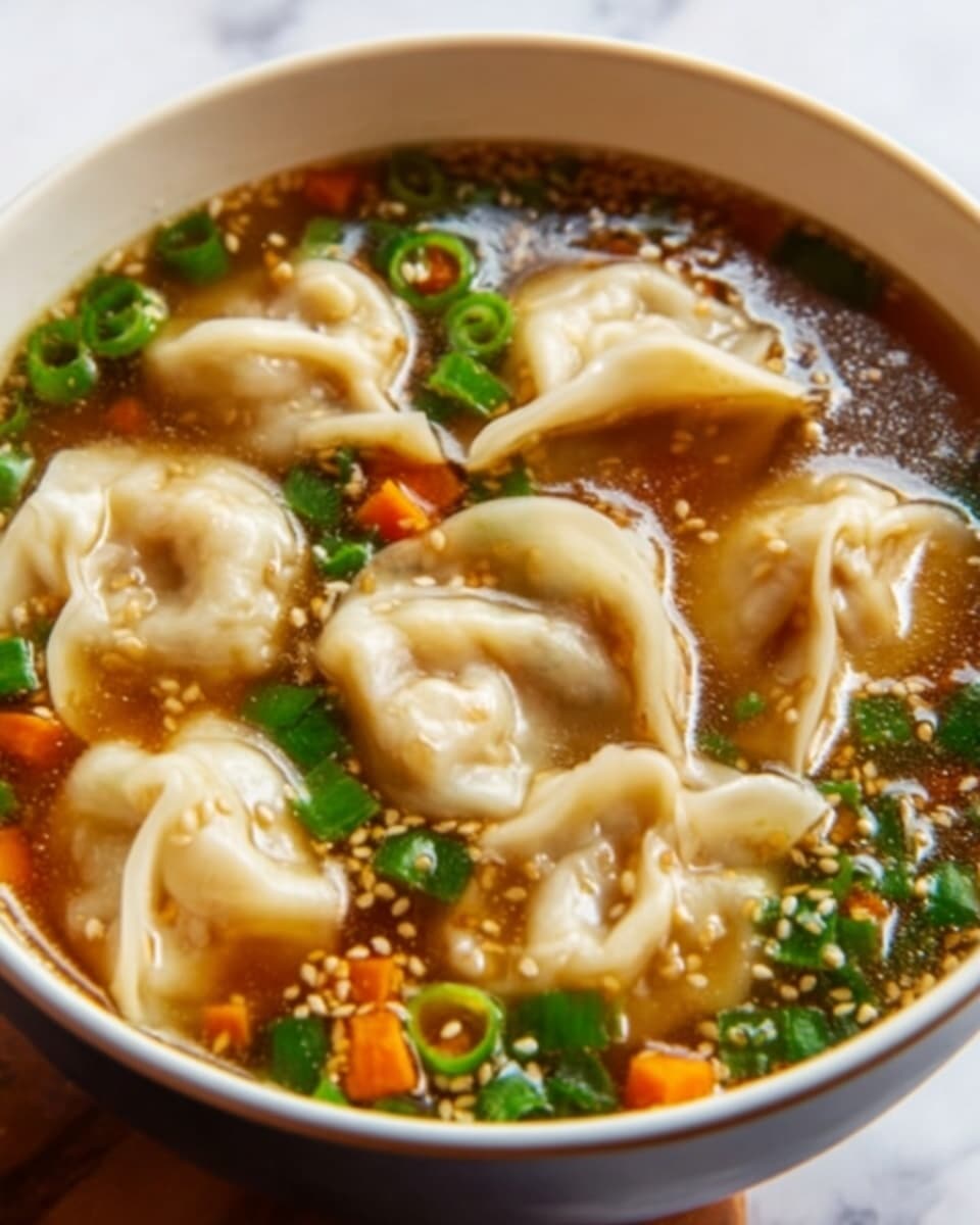 A white bowl filled with clear broth, showing several plump dumplings floating on top. The dumplings have a soft, smooth, pale dough with visible folds. Scattered around are chopped green onions, small orange carrot cubes, and sesame seeds adding texture and color. The broth is glossy and golden brown, slightly reflecting light. The bowl sits on a white marbled surface. Photo taken with an iphone --ar 4:5 --v 7