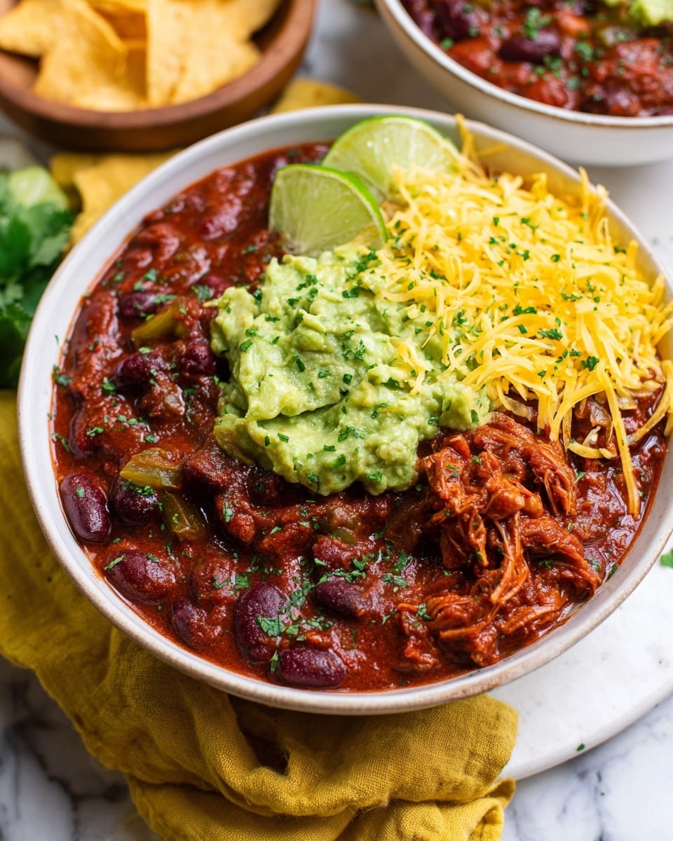A white bowl filled with a hearty chili made of shredded meat, dark red kidney beans, and tomato sauce with green pepper pieces, sprinkled with chopped green herbs. On top of the chili are two distinct layers: a bright green guacamole with small cilantro pieces and a pile of shredded orange cheddar cheese. A fresh lime wedge is placed on the edge of the bowl. The bowl sits on a white marbled surface with additional lime wedges and plain yellow tortilla chips nearby, alongside a folded yellow cloth. photo taken with an iphone --ar 4:5 --v 7