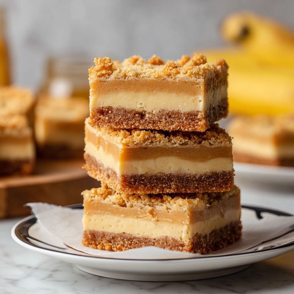 A close-up of four square dessert bars stacked on white parchment paper on a white plate with a black decorative rim. Each bar has three layers: a thin, golden-brown crumbly crust on the bottom, a thick, smooth light brown middle layer with a slightly gooey texture, and a top layer of crumbly golden-brown crust with small cracks. The background shows a blurry white marbled texture surface with a peeled banana and a blurred jar. photo taken with an iphone --ar 4:5 --v 7