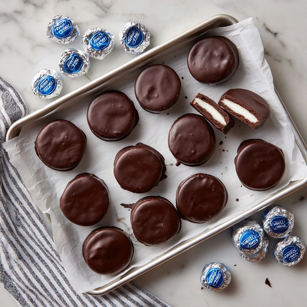 The image shows a silver baking tray lined with white parchment paper holding 12 smooth, round chocolate-covered peppermint patties arranged in a 3 by 4 grid. Each patty appears to have a thick, glossy dark brown chocolate outer layer with a soft, creamy white mint filling inside, visible in the few patties broken in half around the tray. On the white marbled surface are scattered silver-wrapped York peppermint chocolates with blue logos, adding a bright contrast. A white and black striped cloth is partially visible on the lower left side. The entire scene is lit softly to highlight the texture and shine of the chocolate. photo taken with an iphone --ar 4:5 --v 7