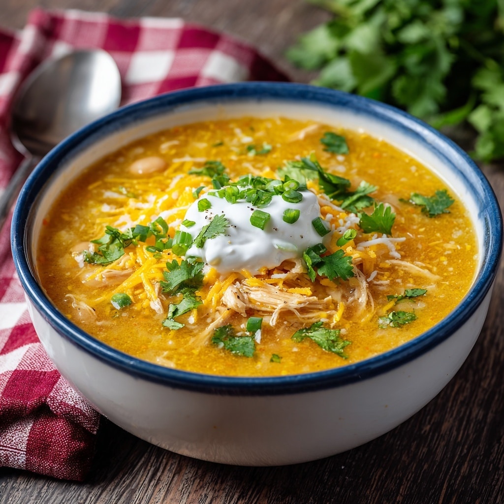 A white bowl filled with a thick yellowish-orange soup containing white beans and shredded chicken, topped with a dollop of sour cream, shredded cheese, chopped green onion, and small green cilantro leaves scattered on top. The bowl has a blue rim and is placed on a wood-textured surface beside a neatly folded red and white checkered napkin with a silver spoon on it. A few sprigs of cilantro are laid nearby. photo taken with an iphone --ar 4:5 --v 7