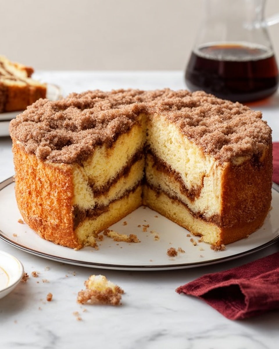 A thick, round cake on a white plate with a thin black rim, sitting on a white marbled surface; the cake has three visible layers of soft, light yellow sponge separated by thin, irregular swirls of brown cinnamon filling running through the middle and near the base, with a crumbly, dark golden-brown topping covering the top that looks sugary and slightly rough; a large slice is removed, showing the inside layers clearly, with some crumbs scattered on the plate and surface; in the background, there is a glass carafe with dark coffee and a folded dark red cloth on the right side. photo taken with an iphone --ar 4:5 --v 7