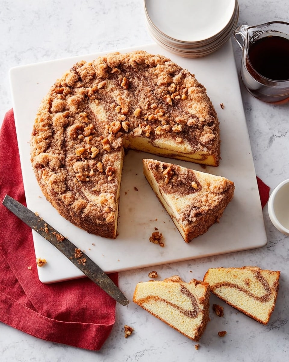 A round cinnamon crumb cake sits on a white board on a white marbled surface, with a knife resting beside it. The cake has one slice removed and three individual slices placed nearby, showing a light yellow inside with swirls of brown cinnamon throughout. The top layer is thickly coated with crumbly cinnamon sugar and small chunks of nuts, giving a rough texture. To the side, three stacked white plates are partially visible with a red cloth beneath them. A clear coffee pot with dark coffee is in the top-right corner. photo taken with an iphone --ar 4:5 --v 7