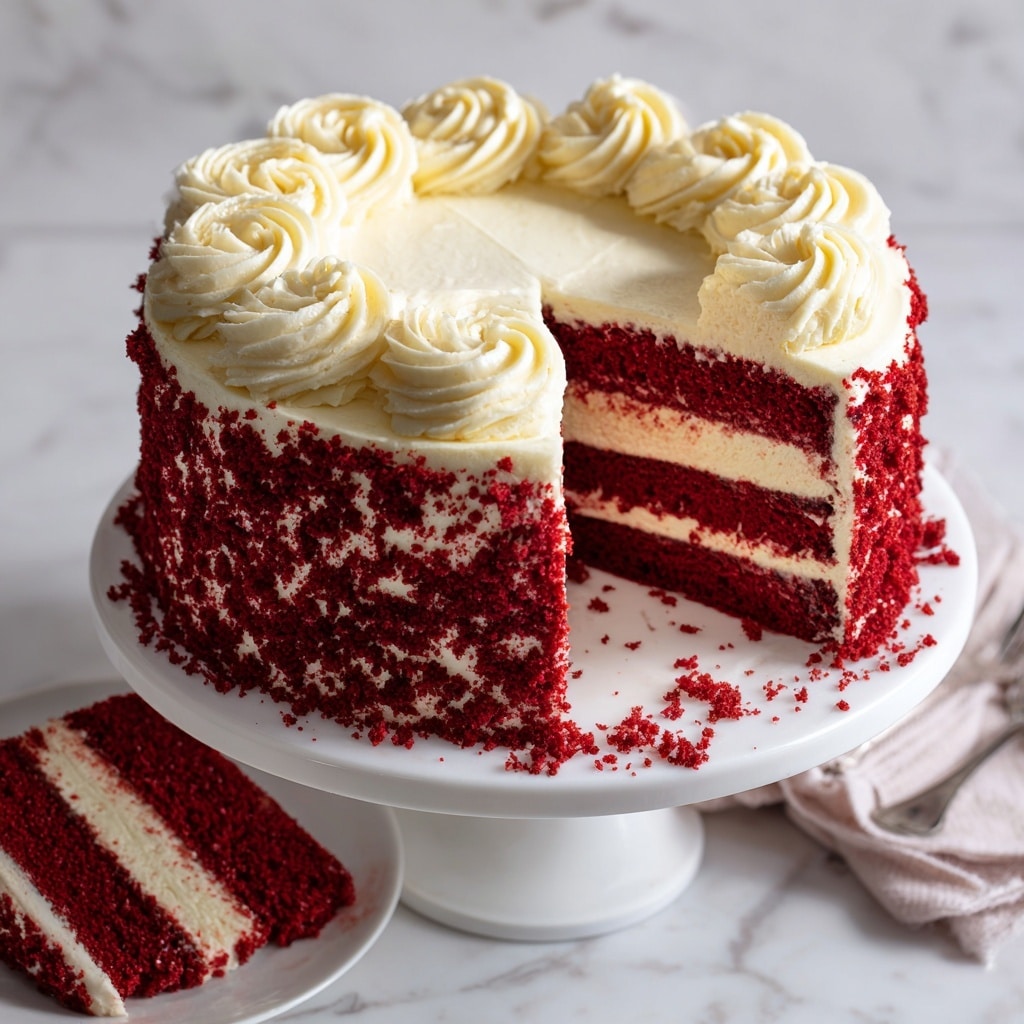 The image shows a red velvet cake on a white cake stand with two thick red layers and white cream layers in the middle and on top, the top cream layer decorated with circular swirls, the sides of the cake covered with red crumbs, a slice is cut out and placed on a white plate in the front, with a white marbled background. photo taken with an iphone --ar 4:5 --v 7