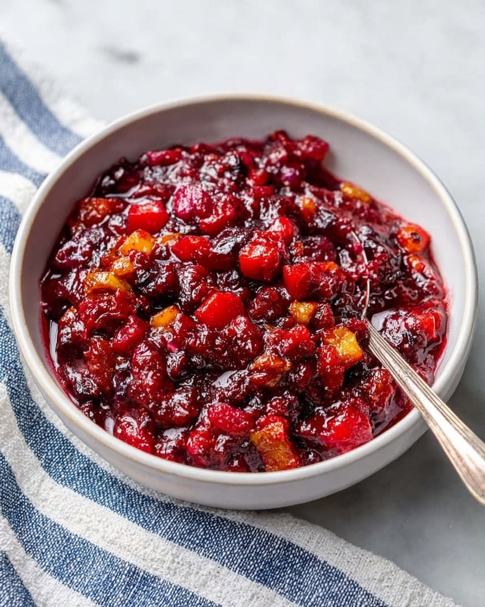 A white bowl filled with a chunky, deep red fruit sauce that has a glossy, wet texture. The sauce contains visible pieces of cooked fruits in various small shapes and colors including bright red, dark red, orange, and yellow bits. There is a silver spoon resting inside the bowl. The bowl is placed on a white marbled surface next to a white and blue striped cloth. Photo taken with an iphone --ar 4:5 --v 7