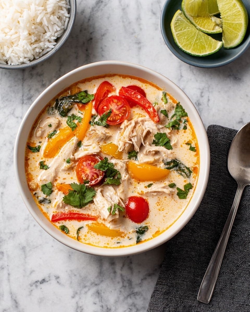 A white bowl filled with creamy soup featuring visible layers of sliced red and yellow bell peppers, halved cherry tomatoes, green cilantro leaves, and shredded pieces of chicken. The soup has an orange oil swirl on top, contrasting with the smooth, light cream base. To the side, there is a bowl of white rice and a smaller bowl with lime wedges, all placed on a white marbled surface. A metal spoon lies on a dark gray cloth near the main bowl. photo taken with an iphone --ar 4:5 --v 7