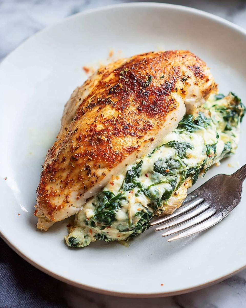 A single stuffed chicken breast is placed on a white plate next to a silver fork. The chicken breast has a golden-brown, lightly crispy top layer with a hint of spice or paprika sprinkled on it. Inside, the chicken is filled with a creamy mixture of melted cheese and cooked green spinach, visible from the side where the chicken is sliced open. The plate sits on a white marbled surface with part of a blue and white cloth visible at the bottom edge. photo taken with an iphone --ar 4:5 --v 7