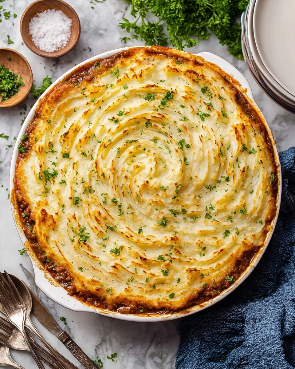 A deep white round dish filled with shepherd’s pie, showing two clear layers: the bottom layer is a moist mix of brown cooked minced meat, orange carrot cubes, and green peas in a gravy sauce, while the top layer is thick, lightly browned mashed potatoes with a swirled pattern and a sprinkling of chopped green herbs. A spoon scoops a portion from the dish, revealing the layers inside. In the background on a white plate, a slice of the same pie with a silver fork is partially visible. The surface beneath everything is a white marbled texture. Photo taken with an iphone --ar 4:5 --v 7