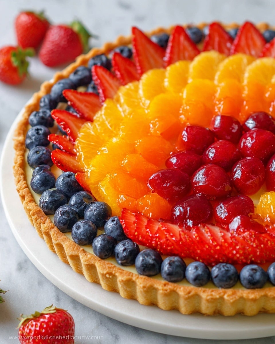 The image shows a fruit tart with four distinct layers of fresh fruits arranged in curved rows. The outer layer has small whole blueberries and sliced strawberries, both bright blue and red, sitting on a white marbled surface. The next layer inward features shiny orange segments that create a vibrant curve. Inside that is a row of glossy red raspberries, and in the center, there are plump, shiny blueberries. All the fruit sits on a light cream filling, which is inside a golden-brown tart crust with a fluted edge. The tart is on a white plate, and there are a few loose strawberries on the white marbled background. Photo taken with an iphone --ar 4:5 --v 7