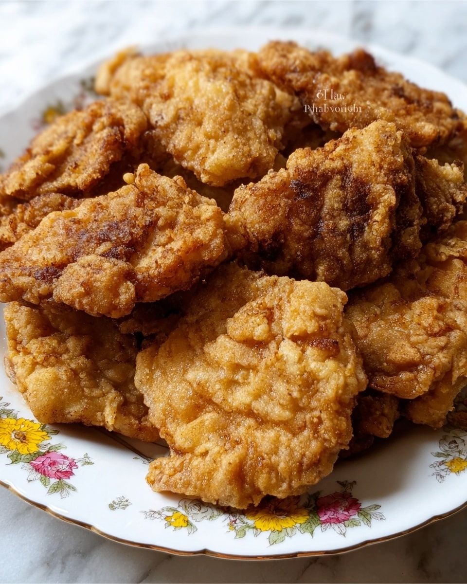A white plate filled with several pieces of fried food, each piece showing a rough, crispy, and golden-brown battered surface with uneven shapes and textures. The coating looks thick, crunchy, and slightly bubbled, with some darker brown spots indicating deep frying. The pieces are piled together casually, filling the plate almost to the edges. The plate itself has a delicate floral rim design with yellow flowers and green leaves, giving an old-fashioned look. The food rests on a white marbled texture surface. photo taken with an iphone --ar 4:5 --v 7