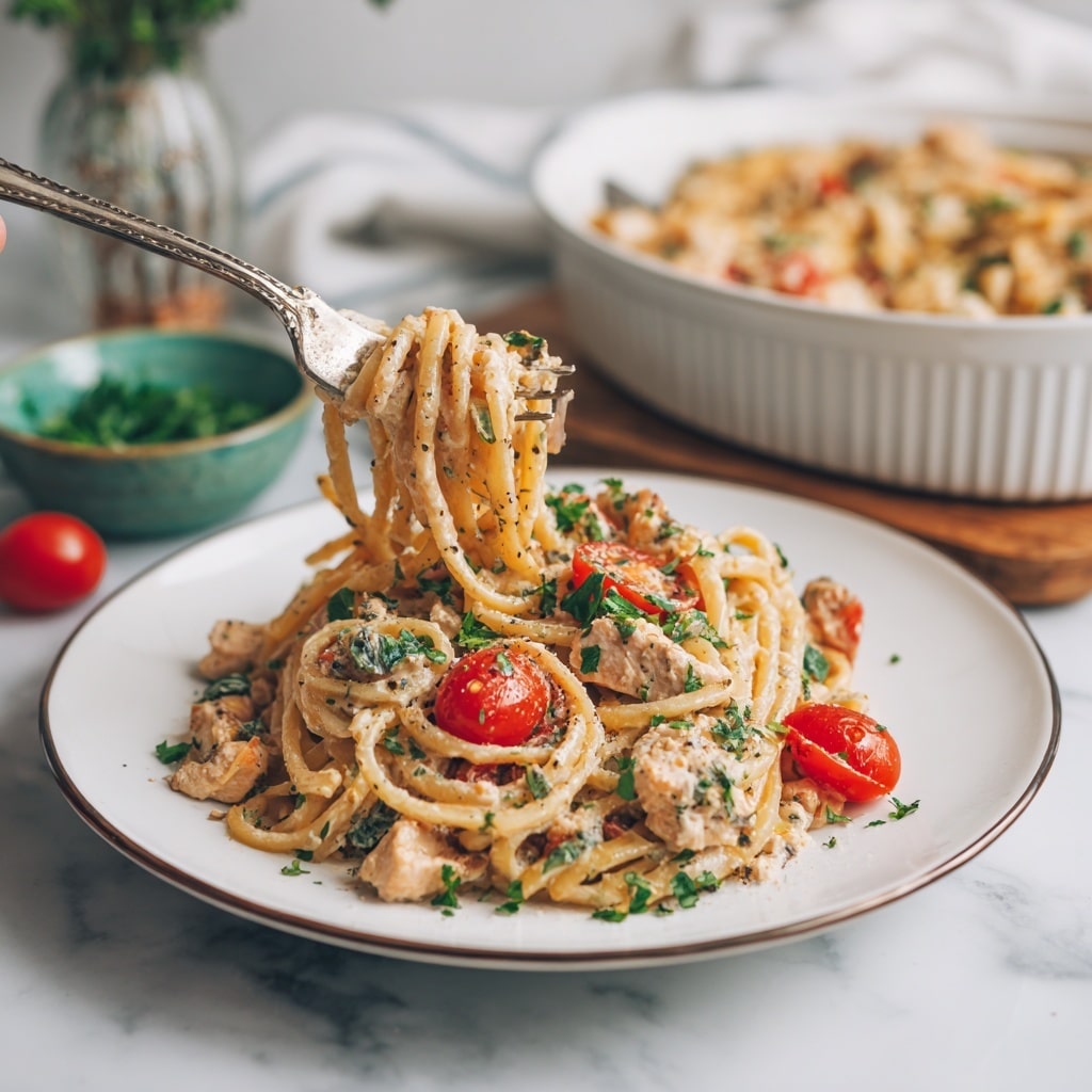 A white plate holds a serving of spaghetti pasta mixed with creamy sauce, small pieces of light brown chicken, and sliced green bell peppers. Scattered red cherry tomatoes and finely chopped green herbs add color, while a light dusting of black pepper and grated cheese tops the dish. The pasta looks thick and coated with a smooth sauce. In the background, a white casserole dish filled with more of the pasta sits on a wooden surface, along with a small green bowl containing additional chopped green herbs. A woman's hand holding a fork is placed near the plate, all set on a white marbled texture. photo taken with an iphone --ar 4:5 --v 7