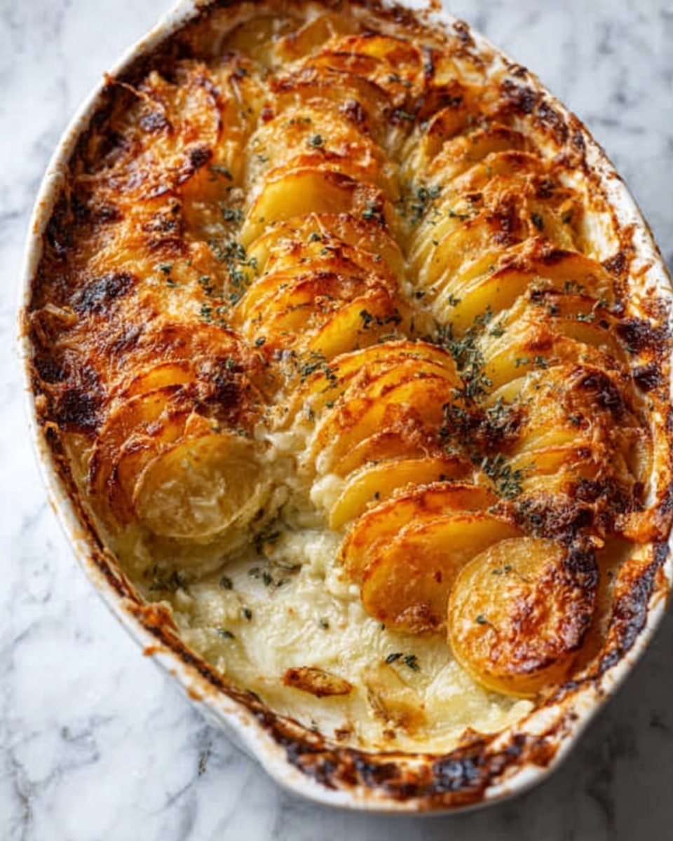 A white oval dish holds a baked layered potato and cheese gratin. The layers form a curved pattern, arranged tightly like a spiral or crescent. The potato slices are golden brown, with some edges toasted to a darker brown. The middle layers show a creamy, cheesy sauce with visible herbs sprinkled on top. The texture looks soft and creamy inside with a crispy top layer. The dish sits on a white marbled surface, and a silver serving spoon rests on the side inside the dish. photo taken with an iphone --ar 4:5 --v 7