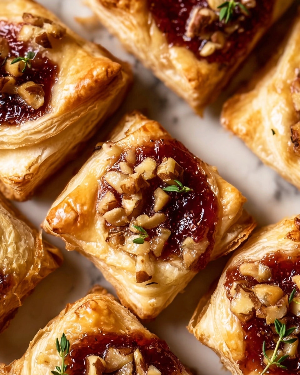 This image shows several small puff pastry tarts arranged closely on a white marbled surface. Each tart has about three visible layers: a golden-brown flaky crust layer that is crisp and airy on the outside, topped with a glossy, deep red jam-like layer, possibly strawberry or raspberry, and sprinkled with small, chopped nuts and green herb leaves for decoration. The jam layer sits in the center of each square-shaped tart, with the puff pastry edges folding slightly inward to hold the filling. The textures include the crispy, layered pastry, the smooth and shiny jam, and the crunchy small nut pieces scattered on top. Photo taken with an iphone --ar 4:5 --v 7