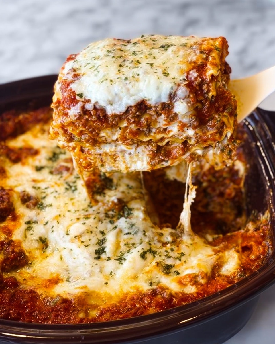 A close-up view shows a slice of lasagna being lifted with a white serving spoon from a black slow cooker. The lasagna has multiple thick layers, starting with a base of ricotta and meat sauce mixed with pasta sheets, followed by a middle layer of browned ground meat and tomato sauce, and topped by a layer of melted, gooey mozzarella cheese sprinkled lightly with green herbs. The meat sauce layer has a reddish-brown color with a slightly crumbly texture, and the pasta sheets are a pale yellow with some transparency. The cheese layer is creamy white, stretching slightly as it is lifted, and the inside shows rich sauce and filling oozing around the edges. The slow cooker has shiny black edges, and the whole setting is on a white marbled surface. photo taken with an iphone --ar 4:5 --v 7