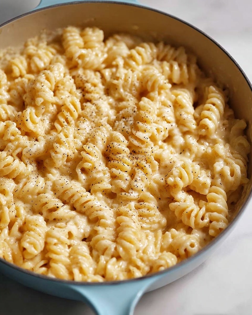 A close-up view of a white bowl filled with creamy macaroni and cheese made with radiatori pasta. The pasta is coated in a thick, smooth, light yellow cheese sauce with a few specks of black pepper scattered on top, giving it a slight texture contrast. The bowl sits on a white marbled surface with a softly blurred green background. The pasta layers are piled high, showing the curls and ridges of the radiatori pasta, all covered evenly in the cheesy sauce. photo taken with an iphone --ar 4:5 --v 7