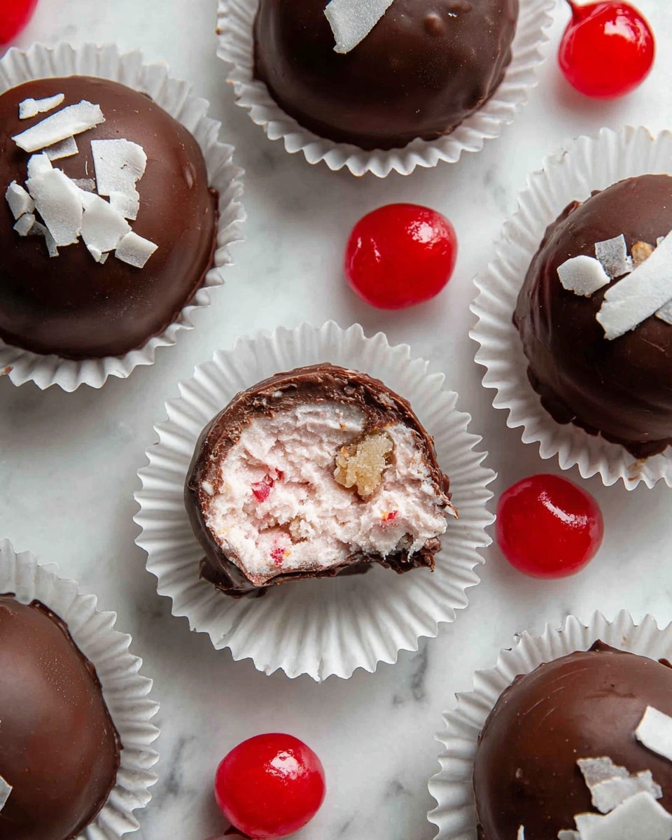 The image shows several round chocolate-covered treats in white paper cups placed on a white marbled surface. Each treat has a smooth, shiny dark brown chocolate coating, and some are topped with small pieces of white coconut flakes. One of the treats is cut in half, revealing a creamy light pink filling with visible bits of chopped nuts and red pieces inside. Around these treats, there are bright red, glossy maraschino cherries scattered, adding a pop of color against the white marbled background. The overall look is neat and inviting, with a close-up view highlighting the texture of the chocolate and filling. photo taken with an iphone --ar 4:5 --v 7