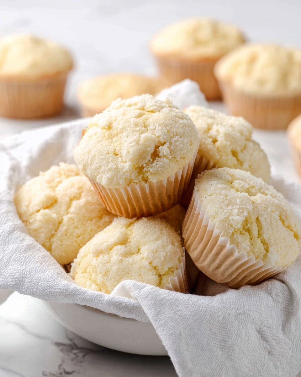 A white bowl lined with a white cloth holds seven pale yellow muffins with crumbly, rough-textured tops showing small lumps and cracks. The muffins are arranged in a slightly piled way, with some facing forward and others at slight angles, revealing their light brown paper liners. In the background, there are blurred similar muffins on a white marbled surface, creating a soft, cozy scene. Photo taken with an iphone --ar 4:5 --v 7