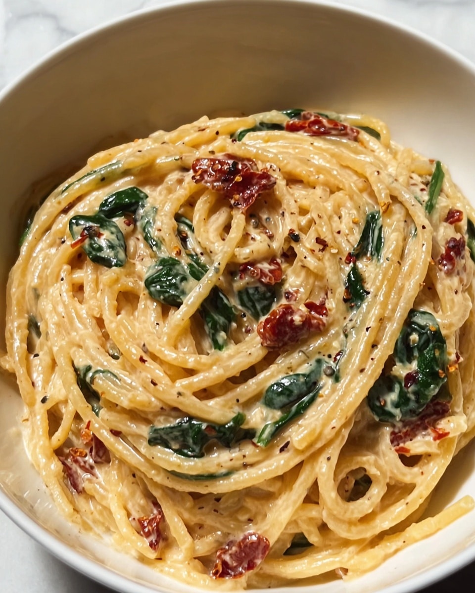 A close-up view of spaghetti pasta coated in a creamy, orange-colored sauce with visible speckles of black pepper and red chili flakes, mixed evenly throughout the noodles. Bright green spinach leaves are scattered within the pasta, along with small pieces of sun-dried tomatoes adding dark red highlights. The pasta is served in a white bowl, set against a white marbled countertop, showing a smooth, rich texture of the sauce clinging to the noodles. photo taken with an iphone --ar 4:5 --v 7