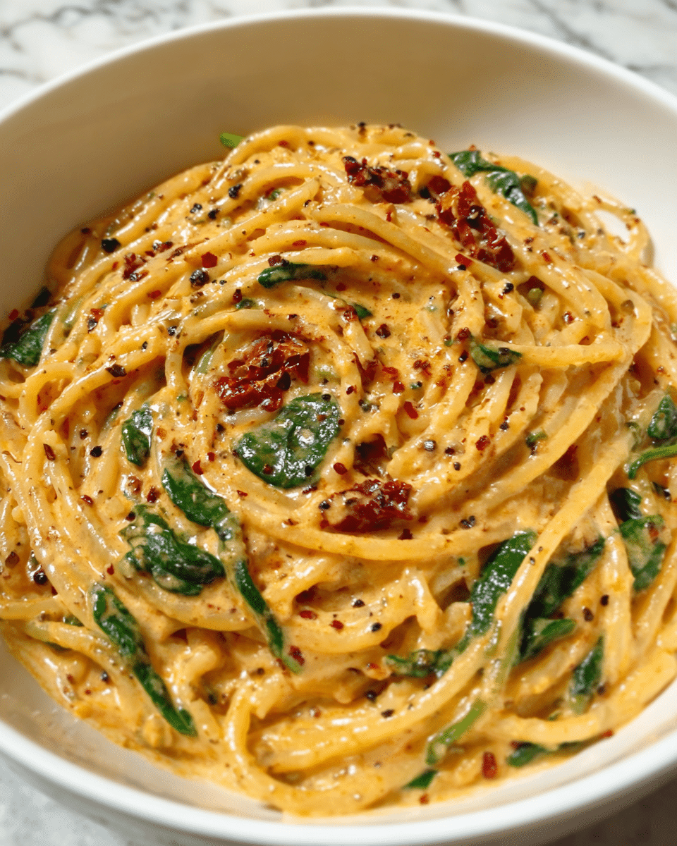 A close-up of a white bowl filled with creamy spaghetti coated in a light beige sauce, with visible specks of black pepper scattered throughout. Mixed into the pasta are dark green leafy spinach pieces and small chunks of reddish sun-dried tomatoes, adding contrast to the sauce-covered noodles. The spaghetti is arranged in loose, rounded layers that fill the bowl, showing a smooth and glossy texture on the creamy sauce. The background is a white marbled surface. photo taken with an iphone --ar 4:5 --v 7