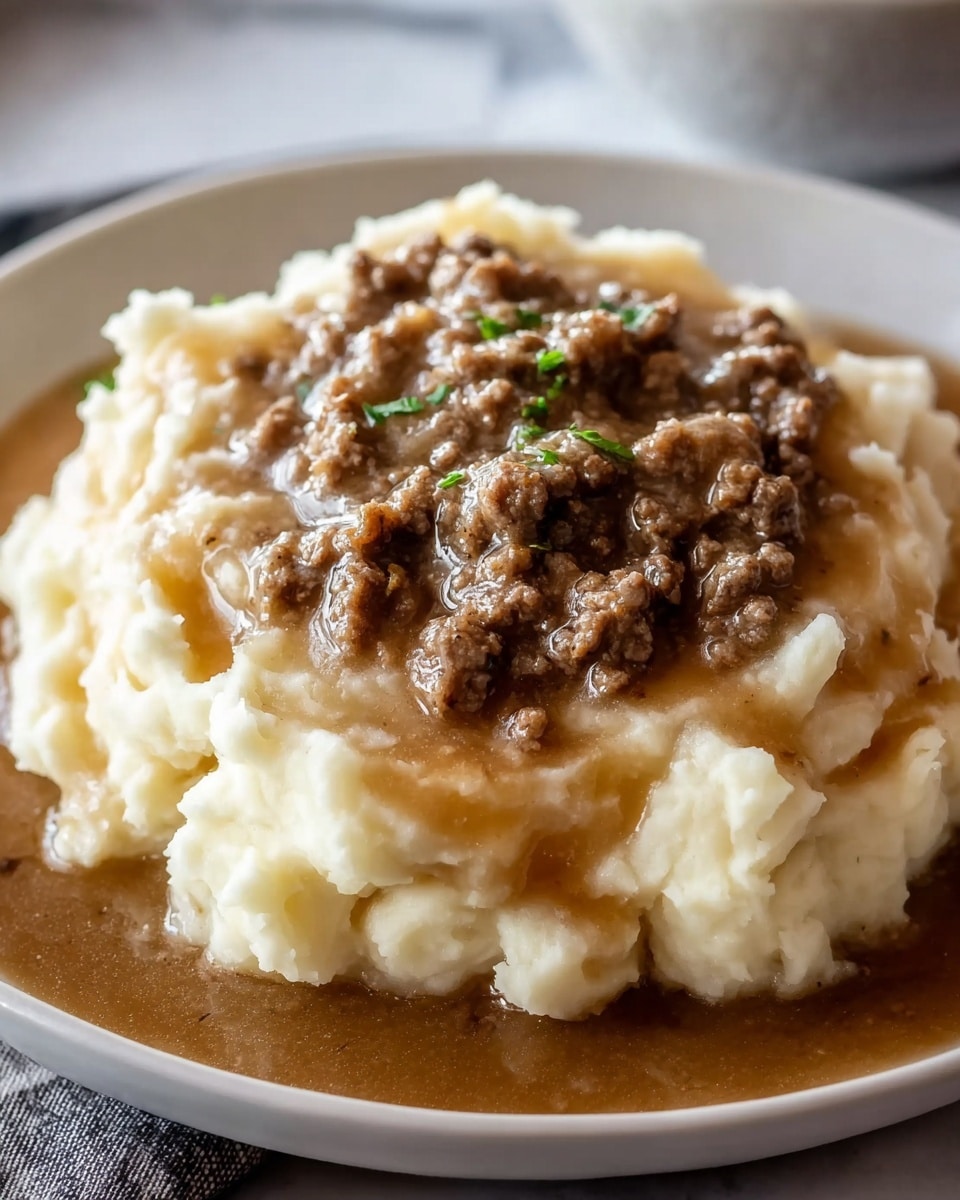 A deep white plate holds two main layers: the bottom layer is creamy, fluffy mashed potatoes with a smooth, pale yellow color and soft, slightly textured surface, forming a round base that fills most of the plate. On top, there is a thick layer of brown meat and gravy mixture with small chunks of ground meat visible throughout, covered in a glossy, rich brown sauce. Fresh green parsley leaves are sprinkled evenly over the top, adding a touch of color and freshness. The dish rests on a white marbled texture surface. Photo taken with an iphone --ar 4:5 --v 7
