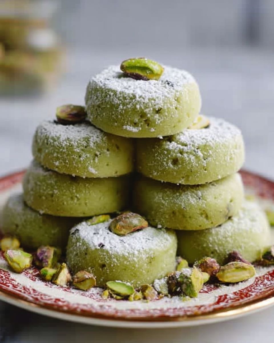 The image shows a white bowl filled with green round sweets. Each sweet has a soft, smooth texture and is lightly dusted with white powdered sugar on top. The sweets are arranged in layers inside the bowl, with some slightly stacked over others. Small pieces of chopped nuts, yellowish in color, are sprinkled on some of the sweets. One sweet near the top has a bite taken out, revealing a soft, greenish filling inside. The whole bowl is set on a white marbled surface, and natural light highlights the colors and textures clearly. Photo taken with an iphone --ar 4:5 --v 7