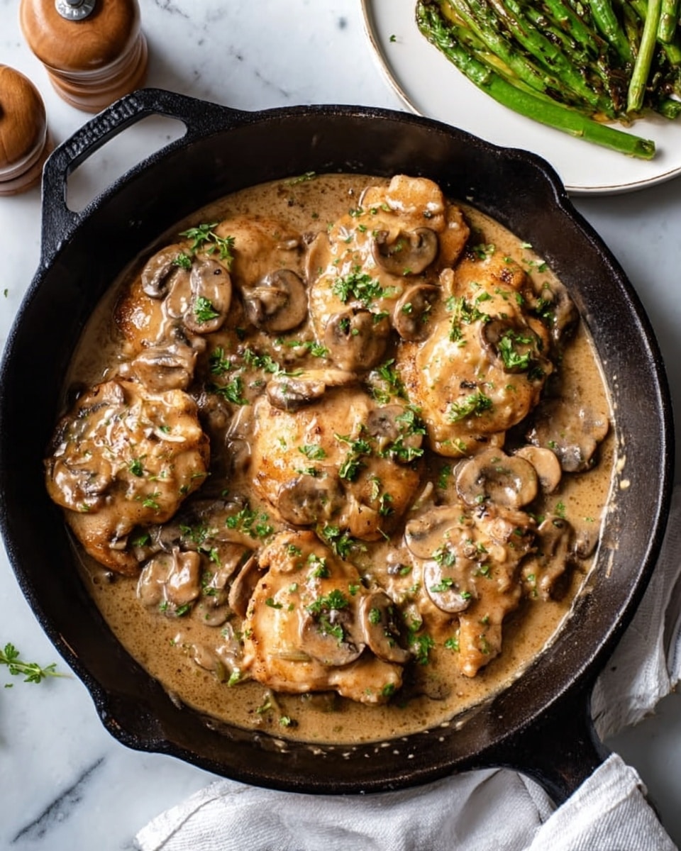 The image shows a black cast iron pan filled with several pieces of cooked chicken covered in creamy mushroom sauce. The sauce is light brown with visible slices of mushrooms and small parsley leaves sprinkled on top for garnish. The pan sits on a white marbled surface with a white cloth partially visible underneath, and there is a pepper grinder nearby. In the upper right corner, a white plate holds green grilled vegetables. Photo taken with an iphone --ar 4:5 --v 7