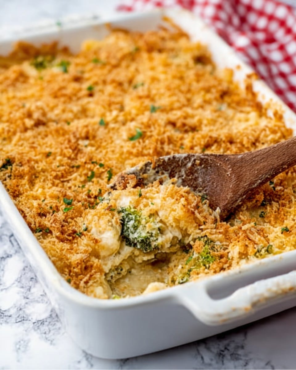 A white rectangular baking dish filled with a baked casserole that has a golden brown crumbly topping with visible small green pieces, hinting at vegetables like broccoli inside. The crumb layer is thick and uneven, showing a crunchy texture, while beneath it, soft, creamy bits peek through, with a mix of green and light yellow colors from the cooked vegetables and sauce. A silver serving spoon rests inside the dish on the right side, partially mixing in the crispy topping. The dish sits on a white marbled surface. Photo taken with an iphone --ar 4:5 --v 7